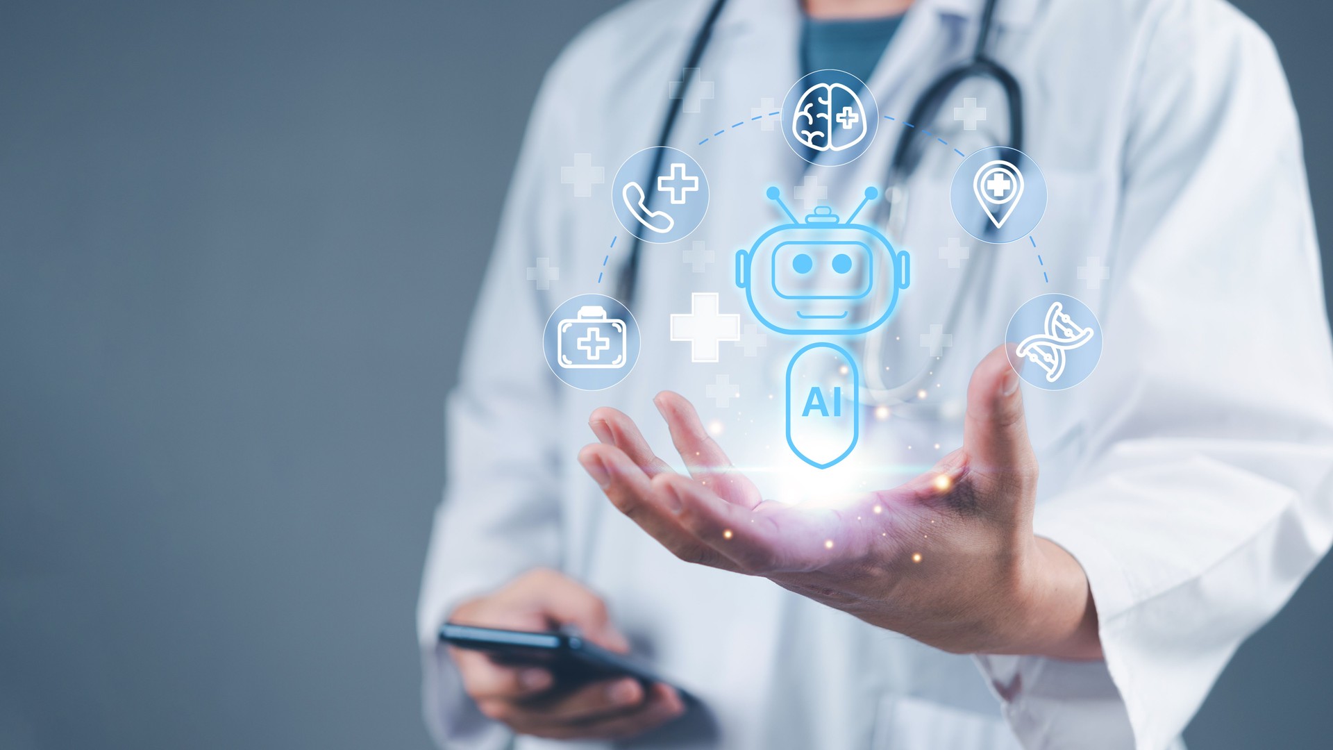 Medical AI assistant, innovative healthcare chatbot in doctor's hand, digital transformation in telemedicine, futuristic concept in smart healthcare system, online medical service.